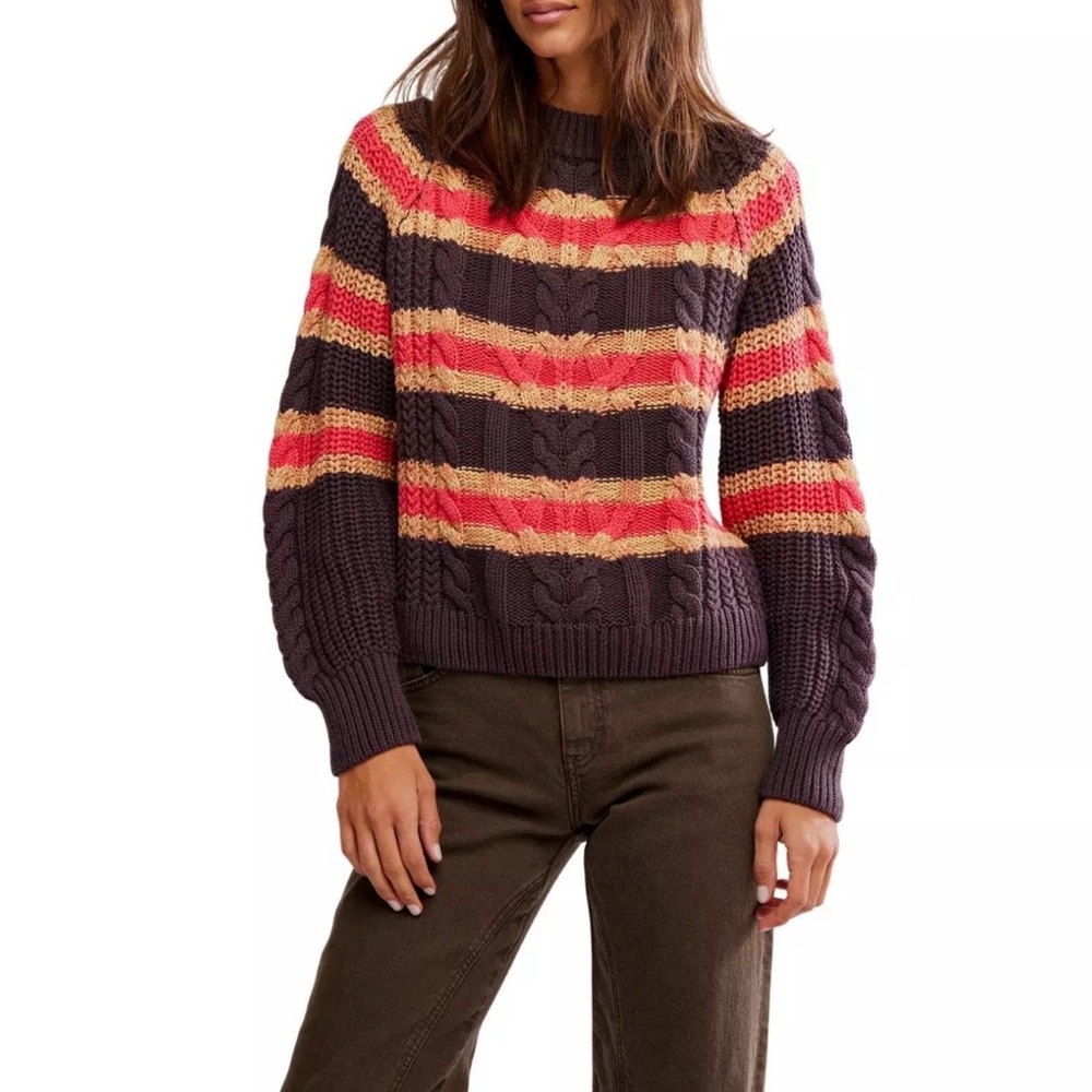 Free People Colorful Striped Crew Neck Sweater